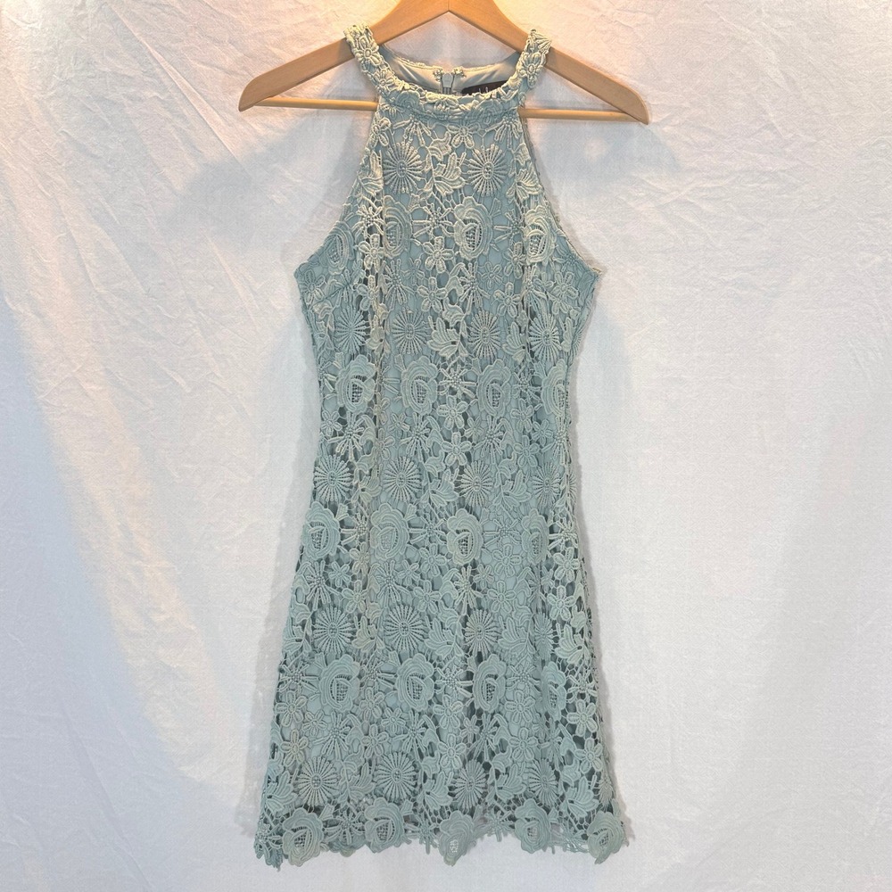 Lulus Love Poem Sage Green Crochet Lace Halter Bodycon Mini Dress Size Small